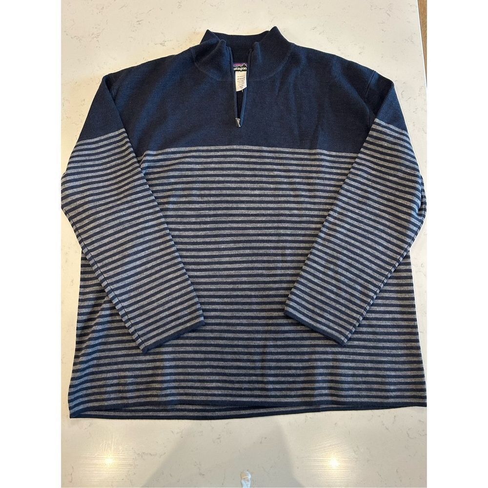 Patagonia men’s quarter zip merino wool pullover sweater xl navy grey stripes